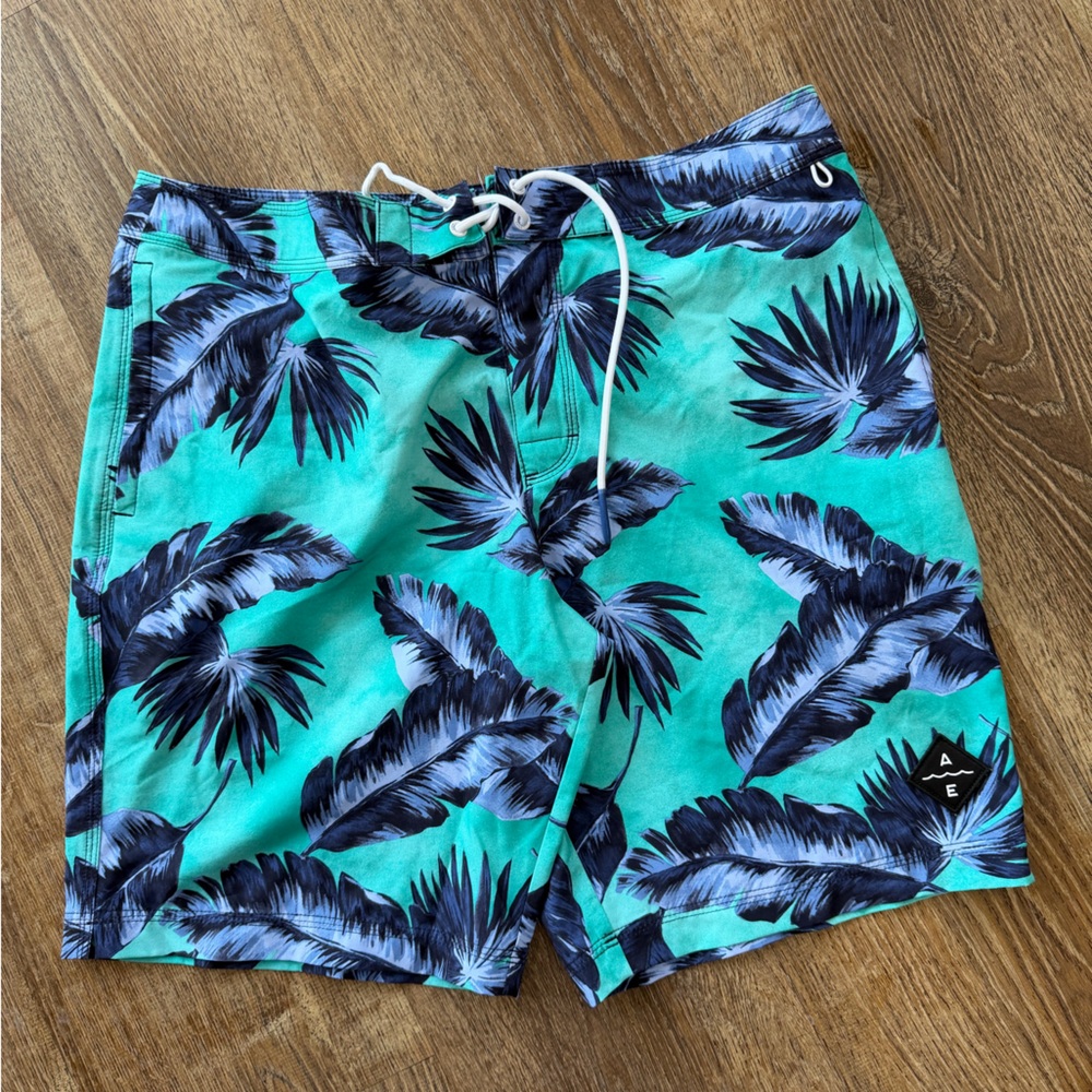 American Eagle Outfitters Blue Leaf Print Swim Shorts